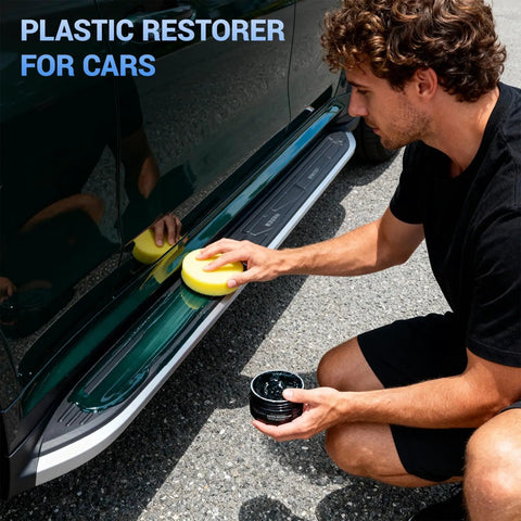 Person applying Ultimate Car Scratch And Trim Restoration Kit For Plastic Vinyl And Rubber Quick 3 In 1 Coating on car side panel
