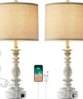 Farmhouse Table Lamps Set Of 2 With 3 Way Dimming, Vintage Bedside Lamps In White Finish With USB A And C Ports, Rustic Nightstand Lights For Living Room End Tables, Includes 2 LED Bulbs, showing dimmable touch controls.