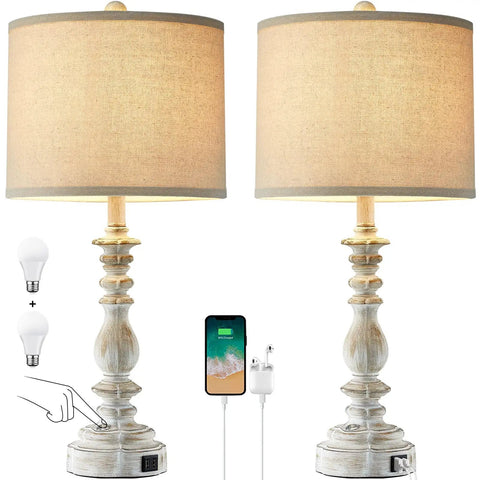 Farmhouse Table Lamps Set Of 2 With 3 Way Dimming, Vintage Bedside Lamps In White Finish With USB A And C Ports, Rustic Nightstand Lights For Living Room End Tables, Includes 2 LED Bulbs, showing dimmable touch controls.