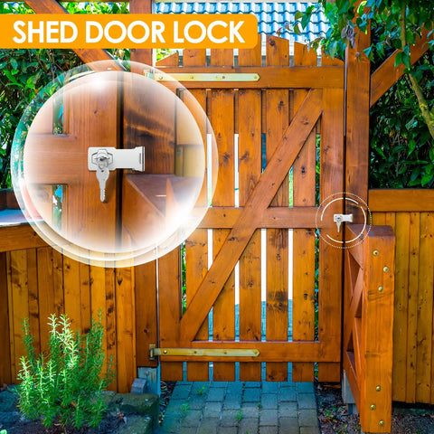 Three Inch Zinc Alloy Chrome Finish Cabinet Lock with Key installed on wooden garden shed door for security
