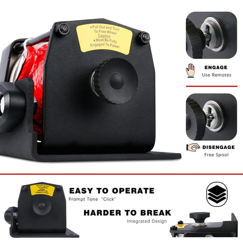 12V 3000Lbs Winch With Synthetic Rope For ATV UTV Off Road Beefy Workhorse controls and features, close-up angles