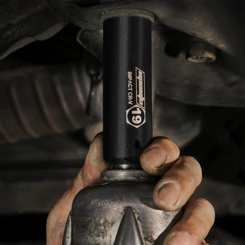 Mechanic using Half Inch Drive Metric Deep Impact Socket Set Workhorse For Tough Jobs CrV 6 Points 11 Socket Kit in action