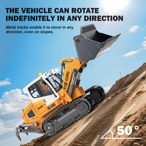 Grown Up Metal Mini Remote Control Loader With Lever Driven Digging System 1 to 1 Scale full channel drive displaying lift angle.