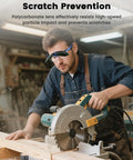 Man using saw with Flip Up Welding Goggles With IR5.0 Green Lens Anti Fog Anti Glare Shock Resistant Eye Protection