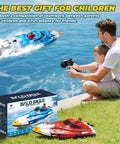 High Speed RC Boat For Pools And Lakes With LED Lights 25 KPH Remote Racing Speed Boat 2 4GHz Wireless Controller Waterproof Electric Boat For Ages 8 12 Kid Friendly Summer Water Toy Blue being controlled by father and son