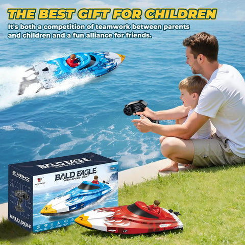 High Speed RC Boat For Pools And Lakes With LED Lights 25 KPH Remote Racing Speed Boat 2 4GHz Wireless Controller Waterproof Electric Boat For Ages 8 12 Kid Friendly Summer Water Toy Blue being controlled by father and son