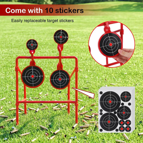 Double Spinner Shooting Targets Three Eighths Inch Thick Steel Auto Reset Target System with ten stickers on grass