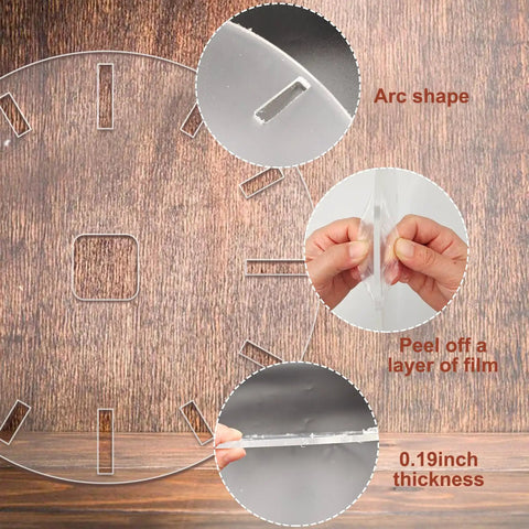 No Sweat 12 Inch Circle Clock Router Template For DIY Woodworking Crafts showing arc shape, 0.19 inch thickness, and film removal.