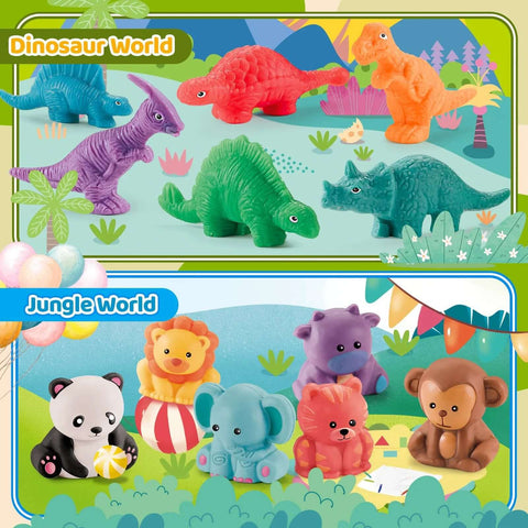 Front view of Dough Play Tools Set packaging showing 3D dinosaur molds and jungle animal figures, 22-piece set