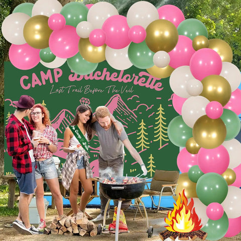 Camp Bachelorette Balloon Garland Arch Kit With Sage Green Backdrop And Sash For Lake Hiking Bridal Shower And Engagement Party Decor