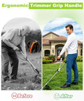Comparison of old and new ergonomic trimmer handle extension back saver with adjustable angle and height for lawn care ease.