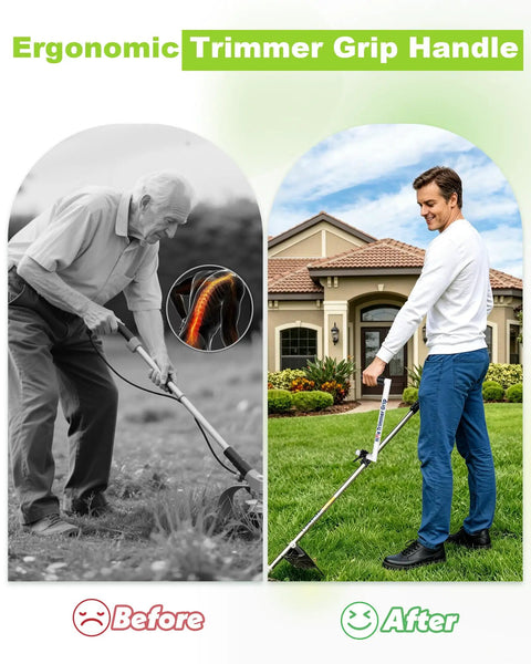Comparison of old and new ergonomic trimmer handle extension back saver with adjustable angle and height for lawn care ease.
