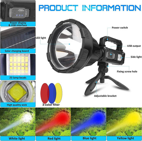 Rechargeable LED Spotlight Flashlight 120000 Lumens Beast Ultra Bright Long Range Beam With 4 Modes IPX5 Waterproof Searchlight For Fishing Hiking Camping Includes Tripod 8000mAh Battery