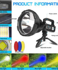Rechargeable LED Spotlight Flashlight 2500 Lumens With Four Modes IPX5 Waterproof on tripod, showing components and color filters.