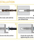Installation steps for using the High Hardness Wood Screws Assortment Kit with 203 pieces and 30 M6 drywall anchors.