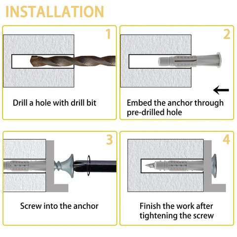 Installation steps for using the High Hardness Wood Screws Assortment Kit with 203 pieces and 30 M6 drywall anchors.