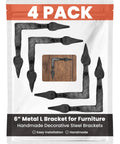 4 Pack 6 Inch Black Metal L Brackets Handmade Decorative Steel Corner Supports displayed in packaging for furniture.