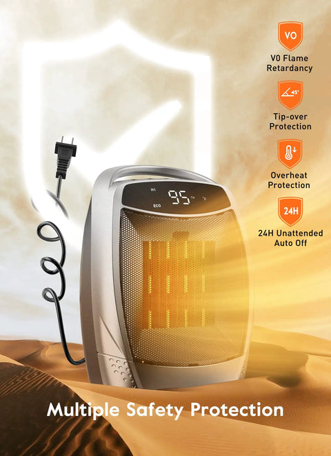 Portable 1500W Space Heater For Desk And Room With 4 Modes And Timer Personal Electric Heater highlighting safety features.