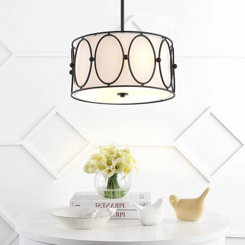 Gold 3 Light LED Pendant Light With White Linen Drum Shade Modern Hanging Chandelier For Dining Room And Kitchen Island 19 Inch Adjustable Metal Ceiling Fixture Energy Saving Lighting over table
