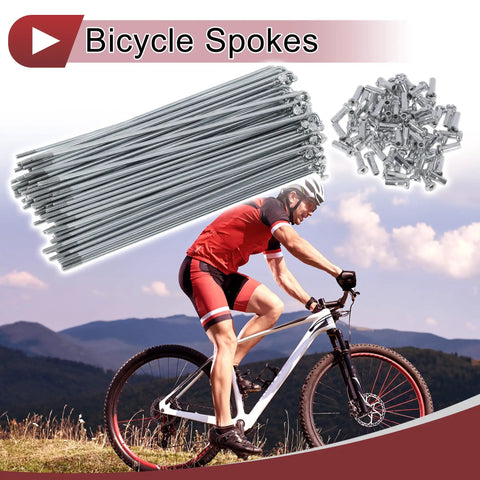 72 Piece 14G Bicycle Spokes Set 121mm For 26 Inch And 700c Wheels, Carbon Steel Galvanized Silver Tone, shown with cyclist