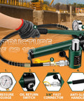 20-ton hydraulic porta power kit with CP-180 hand pump and pressure gauge; green low-profile cylinder with hose
