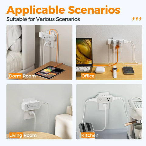 Compact 7 In 1 Wall Outlet Extender Converts One Socket To Four AC Outlets And Three USB Charging Ports setup in dorm room, office, living room, and kitchen.