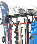 Wall Mounted Ski Rack With Dope Overhead Storage Shelf, Heavy Duty Steel Gear Organizer for Garage or Shed, holds skis and helmets