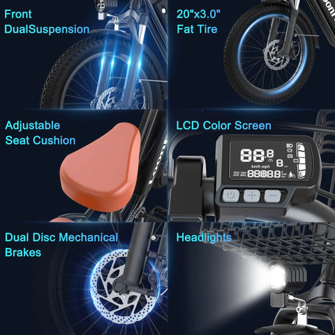 Two Seat Electric Bike For Adults With Rear Seat And Front Basket, Peak 1000W Ebike, LCD screen, fat tires, seat cushion