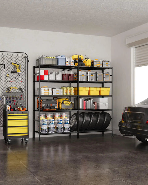 Massive 5 Tier Heavy Duty Garage Storage Shelves With a 59.1 by 15.7 by 69.2 Inch Frame Ultra Sturdy Steel Rack for Tools Equipment and Bulk Gear Easy Assembly Black Finish Big Capacity and Flexible Tier Spacing