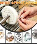 Pro Grade 4 Inch Metal Buffing And Polishing Kit for drill displayed polishing a ring on a machine with wide application visuals.