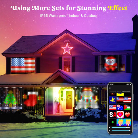 Smart Curtain Lights 400 LED Color Changing 6.6ft By 6.6ft With App And Remote Dynamic DIY Fairy String Lights displayed on a house.