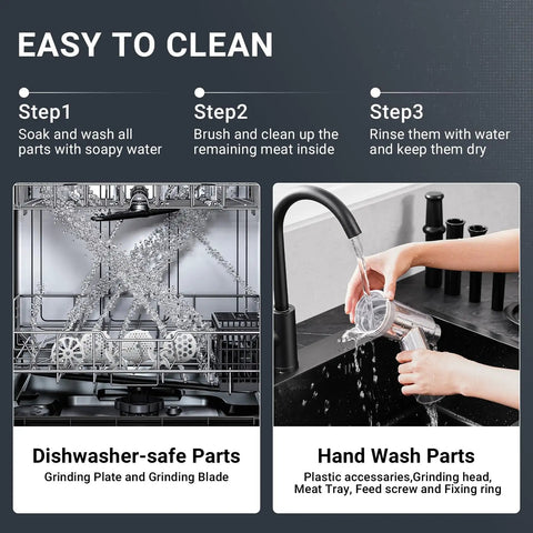 Easy cleaning steps for Aaobosi No 12 Meat Grinder With 3000W Max Power And Copper Motor, showing dishwasher-safe and hand wash parts.