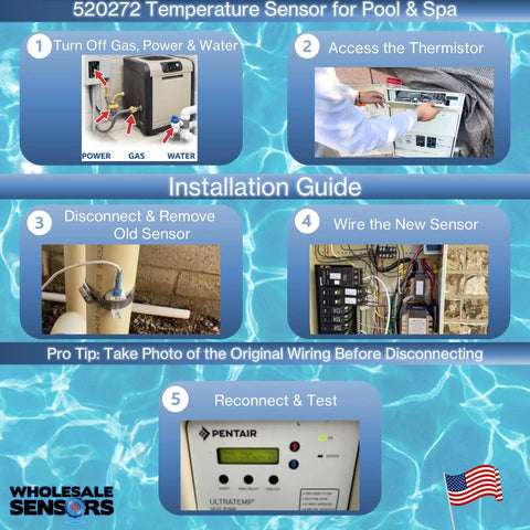 Installation guide for Replacement 520272 Air Water Solar Temperature Sensor With 20 Feet Cable for pool and spa controllers.