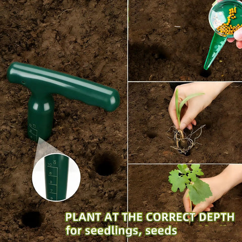 Mini Seed Spreader Set For Easy No Mess Even Planting, 12 Pack Handheld Seed Sower Kit pictured with dibber tools in soil