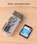 Rechargeable EDC Flashlight With USB C 700 Lumen Dope Keychain Light next to SD card for size comparison