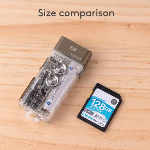 Rechargeable EDC Flashlight With USB C 700 Lumen Dope Keychain Light next to SD card for size comparison