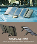 Portable Solar Panel With Foldable 4 Panel Design, 28W Charging Power, Dual USB A Ports For Phone On Camping, Durable Water Resistant Ripstop Nylon, Lightweight And Adjustable Stands For Easy Off Grid Power displayed on car hood and standing with adjustable stands.