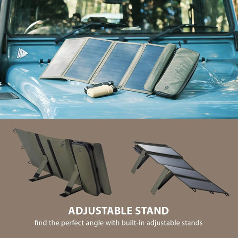 Portable Solar Panel With Foldable 4 Panel Design, 28W Charging Power, Dual USB A Ports For Phone On Camping, Durable Water Resistant Ripstop Nylon, Lightweight And Adjustable Stands For Easy Off Grid Power displayed on car hood and standing with adjustable stands.