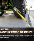 Image of a Beefy Heavy Duty 3 Inch By 30 Foot Ratchet Tie Down With Chain End And Grab Hook, securing an ATV on a trailer.