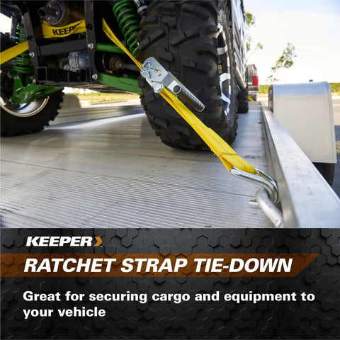 Image of a Beefy Heavy Duty 3 Inch By 30 Foot Ratchet Tie Down With Chain End And Grab Hook, securing an ATV on a trailer.