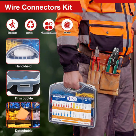 All-In-One 1150-Piece Wire Connectors Kit With Crimping Tool For Auto And Home Wiring Ring Butt Spade Fork Terminal Connectors Insulated Crimp Terminals Color-Coded Red Blue Yellow AWG 22-16 16-14 12-10 held by person with tools
