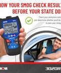 Person using No Hassle OBD2 Code Reader And ABS Scan Tool With Fix And Part Recommendations, Maintenance Schedules, Free TSBs, And RepairSolutions2 Bluetooth App For iPhone And Android next to smiling driver in car window.