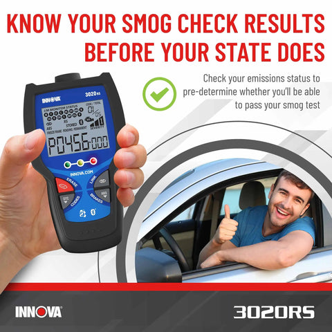 Person using No Hassle OBD2 Code Reader And ABS Scan Tool With Fix And Part Recommendations, Maintenance Schedules, Free TSBs, And RepairSolutions2 Bluetooth App For iPhone And Android next to smiling driver in car window.