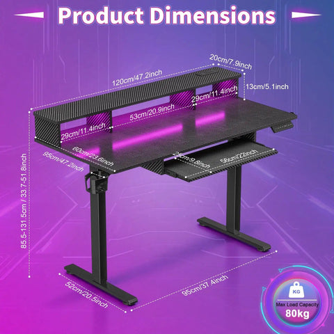 Level Up Your Gaming Space With This Electric Standing Desk That Offers Smooth Height Adjustment Customizable Rgb Lighting And Fast Usb Charging For Cool Setups with product dimensions