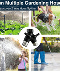 Heavy Duty Garden Hose Splitter 2 Way With Long Handle Dual Outlet Y Style Faucet Adapter No Leak For Outdoor Spigot Use Easy Grip Valves And Smooth Turn, black metal