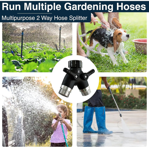 Heavy Duty Garden Hose Splitter 2 Way With Long Handle Dual Outlet Y Style Faucet Adapter No Leak For Outdoor Spigot Use Easy Grip Valves And Smooth Turn, black metal