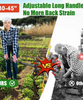 Two-In-One Garden Hoe Tool With Cultivator Rake And 45-Inch Handle used by woman in field next to comparison graphic