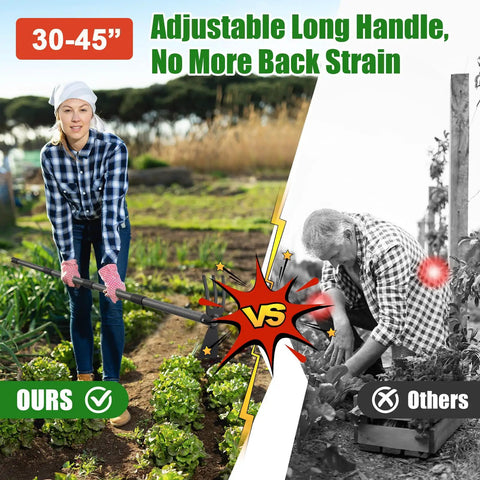Two-In-One Garden Hoe Tool With Cultivator Rake And 45-Inch Handle used by woman in field next to comparison graphic