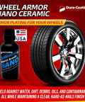 Wheel Armor Nano Ceramic Coating Spray For Wheels Metal Paint Plastic Glass Repels Water Dirt Debris And Oils For Ultra Durable Shine And Beast Mode Protection Made In USA bottle and chrome wheel