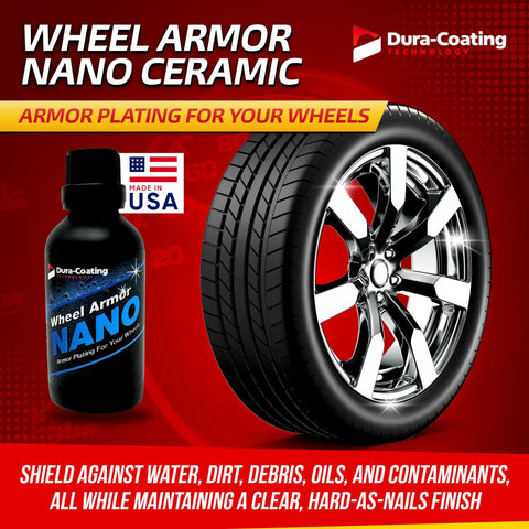 Wheel Armor Nano Ceramic Coating Spray For Wheels Metal Paint Plastic Glass Repels Water Dirt Debris And Oils For Ultra Durable Shine And Beast Mode Protection Made In USA bottle and chrome wheel